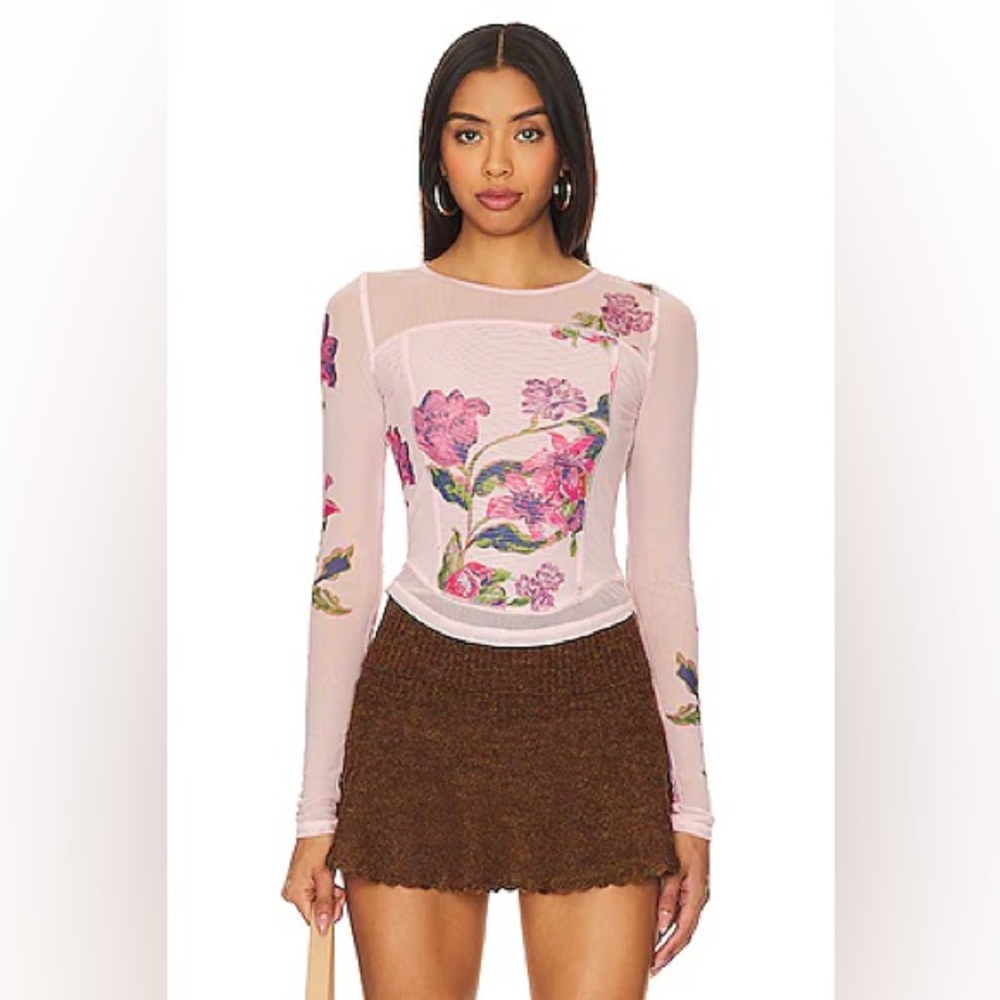 Free People Bettys Garden Mesh Top XS Pink Floral Sheer Long Sleeve Tee - Picture 9 of 9